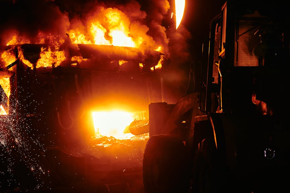 Dramatic image of a factory engulfed in flames at night, with a tractor nearby.
