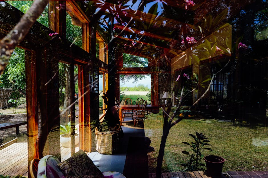 Sunlit interior with wooden furniture and garden view, creating a serene atmosphere.