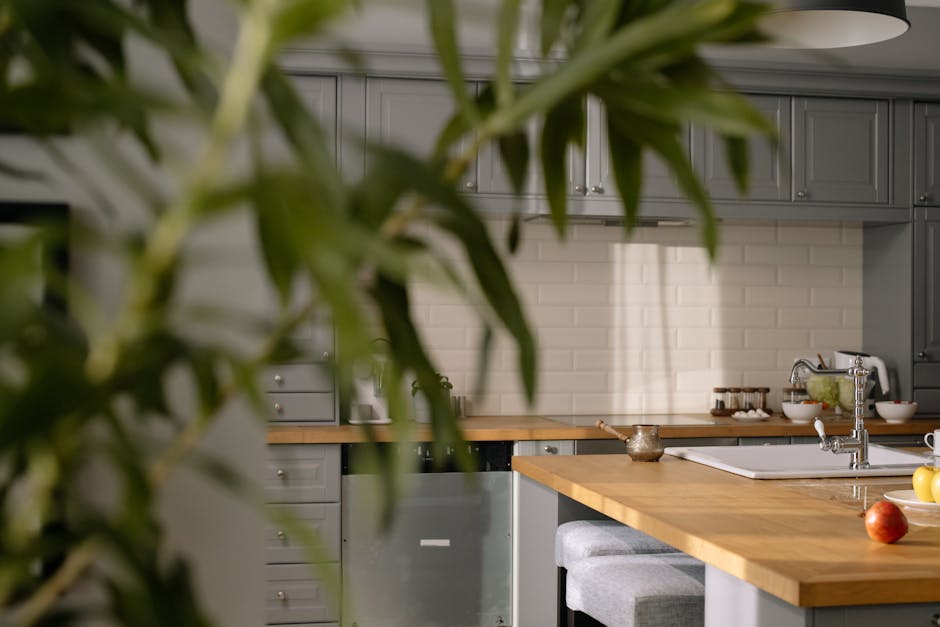 A sleek kitchen with wooden countertops and subtle minimalist design elements, showcasing modern cabinetry and a housepl