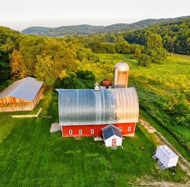 A scenic aerial photograph showcasing a picturesque red barn amidst lush green fields in rural Minnesota.